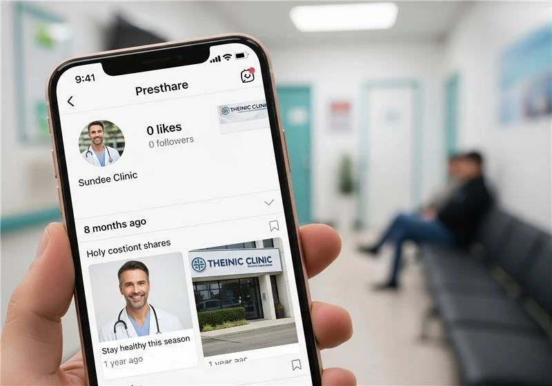 A phone screen showing a healthcare clinic’s inactive social media profile with zero likes and followers