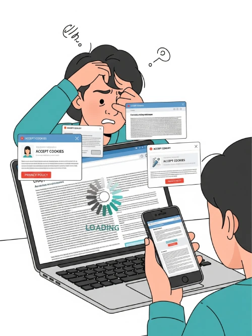 Frustrated patient facing slow-loading healthcare website with too many popups, showing bad online experience.