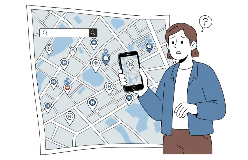 A confused patient looking at a mobile map with multiple hospital locations, highlighting poor local SEO in healthcare.